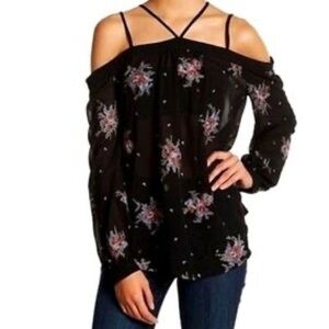Ro&De NWT Black Strappy Floral Embroidered Open Shoulder Top Size Medium
